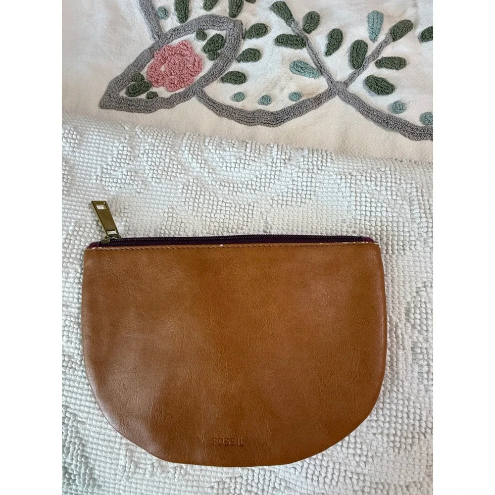 Fossil Desert Sunset Cactus Pouch Tan Synthetic Leather Makeup Bag Purple Zip